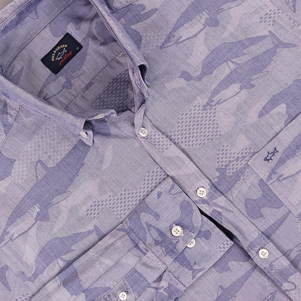 Paul & Shark Shirt Mens Medium Shark Print‎ Button Up Casual Yachting